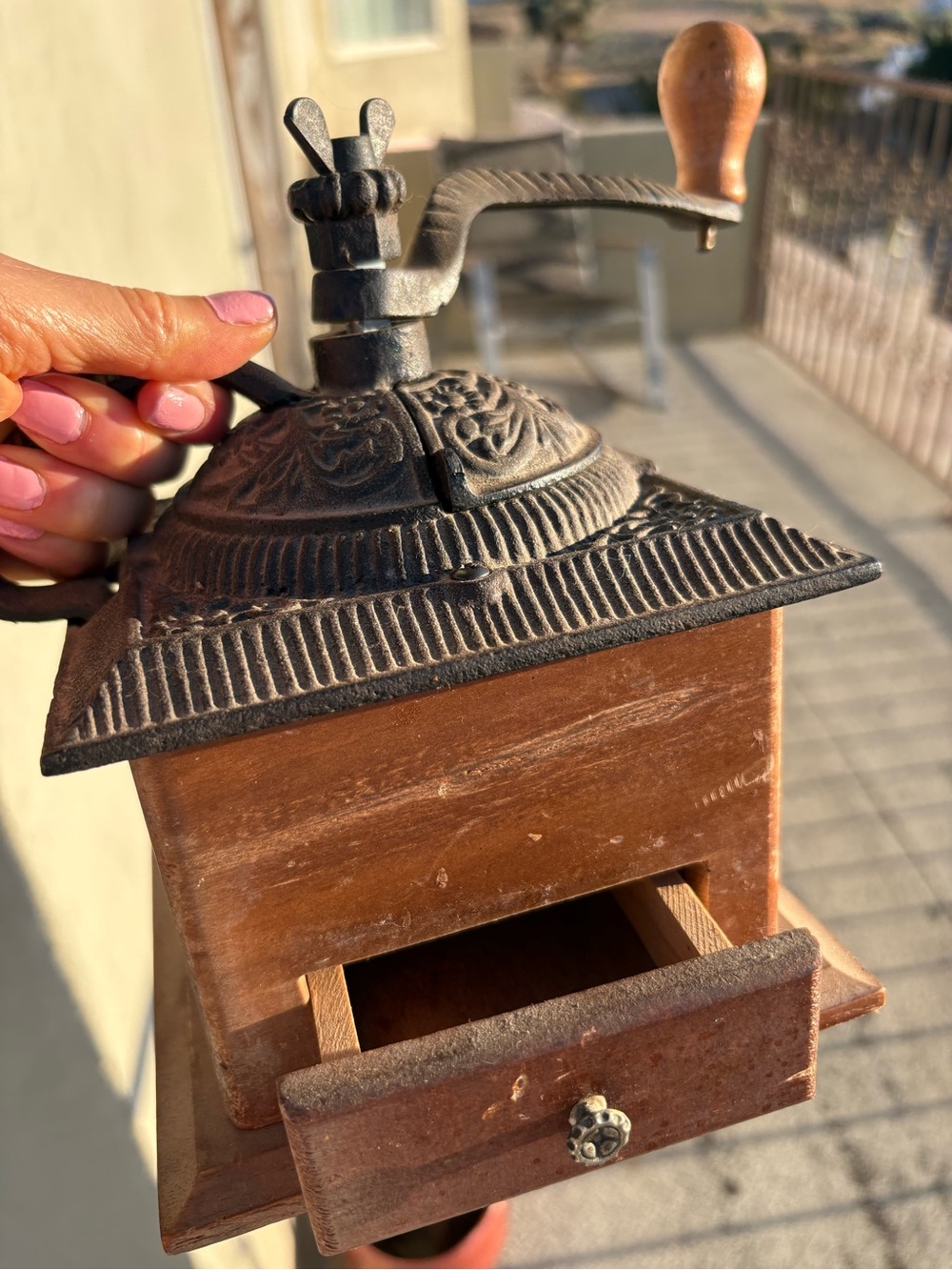Vintage Wooden hand crank coffee grinder cast iron Rustic farmhouse decor
